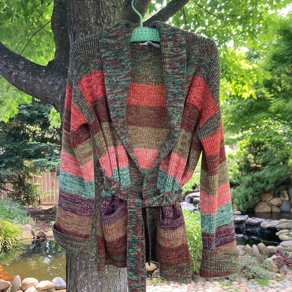 Multicolor Striped Knit Belted Cardigan Sweater - Women